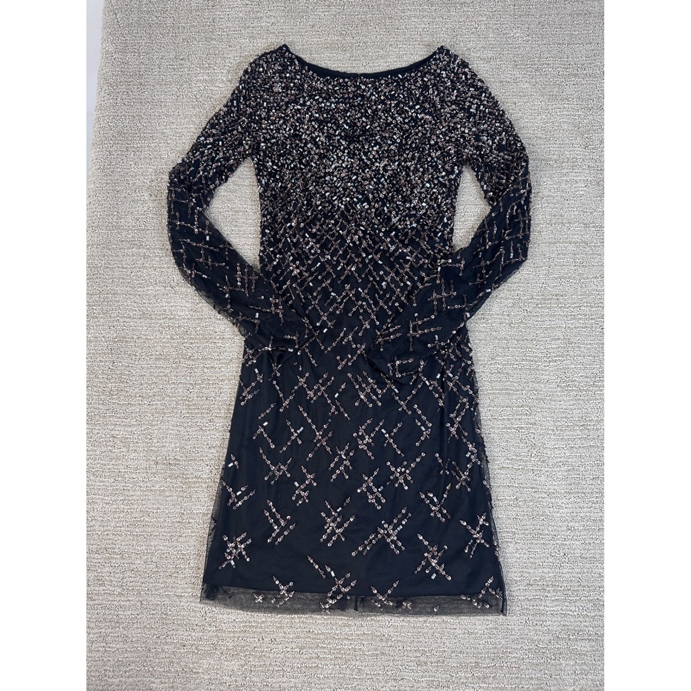 Aidan Mattox Black Sequin Beaded Long Sleeve Mesh Mini Dress Size 0 Cocktail